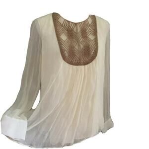 Adam Lippes Embellished Pleat Front blouse ivory Sz M cuff sleeve sheer silk